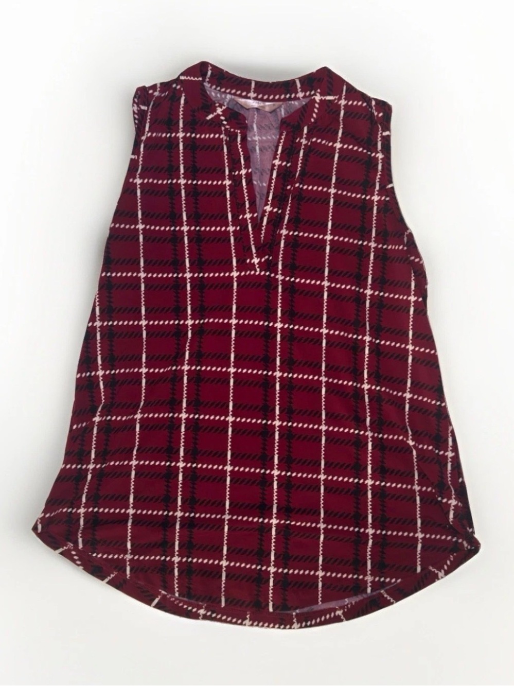 SJS Women's Sleeveless Maroon Tank Top Plaid Pattern Split V Neck Size Small